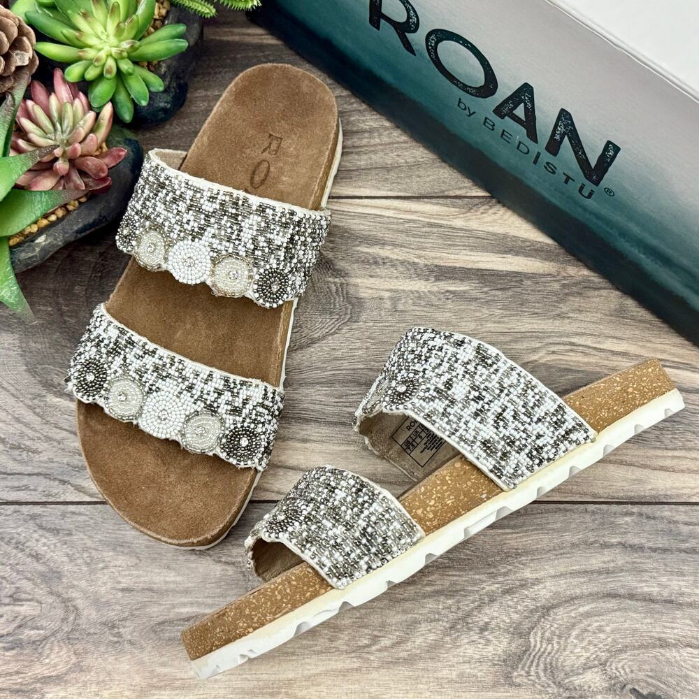 NIB Roan Bed Stu 8 Jury White Multi Beaded Slide Sandals Boho - Picture 2 of 12